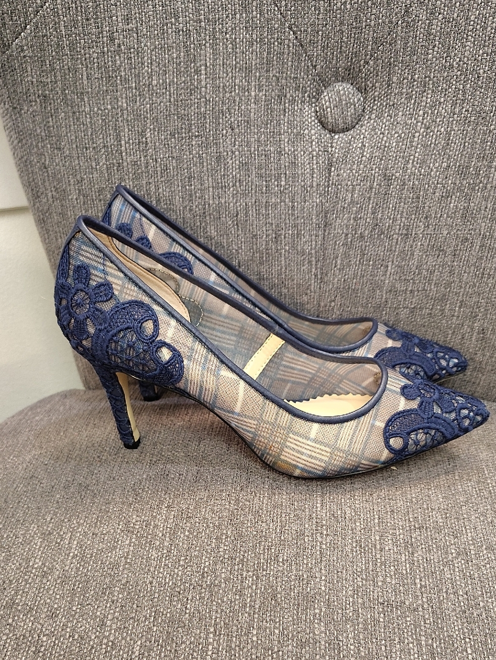 Karl Lagerfeld Navy Plaid Pointed-Toe Lace Heels